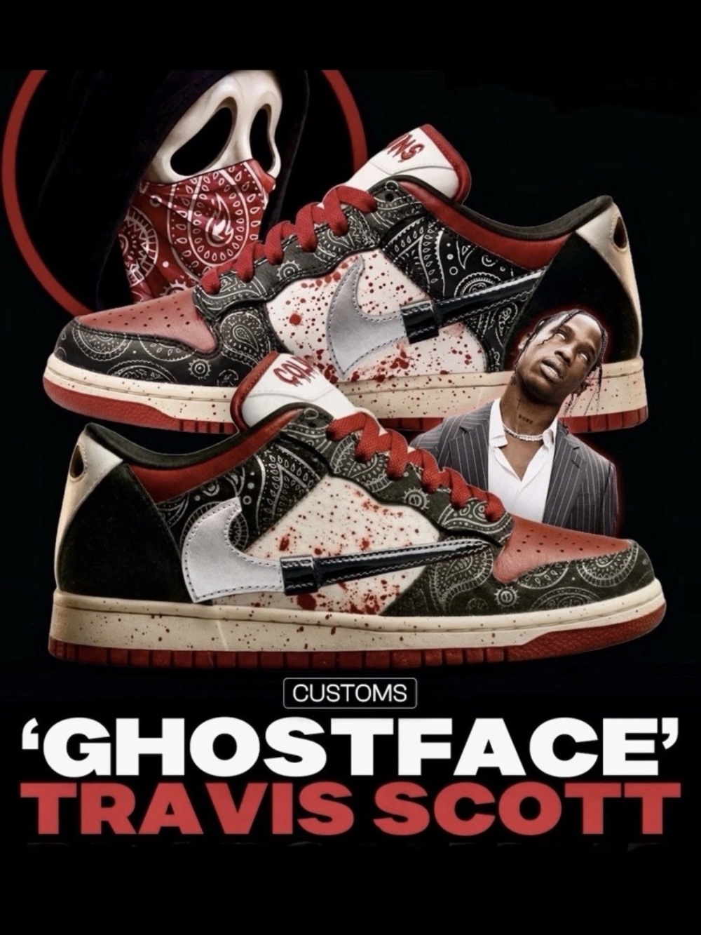 Ghostface x Travis Scott Inspired Men's Low-Top Sneakers - Red/Black/White